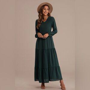 Love Olive Co Long Sleeve V Neck Tiered Solid Maxi Dress Dark Green